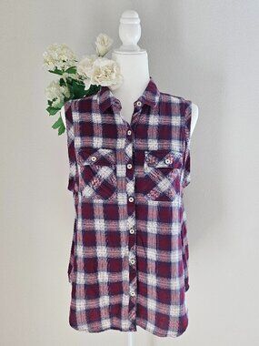 Forever 21 Burgundy Plaid Sleeveless Button Down Shirt